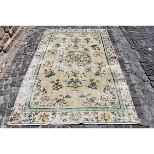 พรมสไตล์วินเทจผ้ากำมะหยี่8.2ft สีเบจสีฟ้า5.3 x ผ้ากำมะหยี่แฮนด์เมดทรงสี่เหลี่ยมผืนผ้าผ้าปะต่อผ้ายางโพลีเอสเตอร์ - Product Image 1