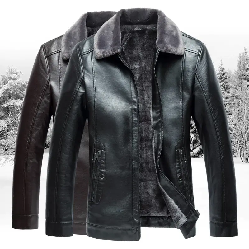 2020 Winter Men's Leather Jacket,fashion Men's Business Jackets,large Size Solid Turn-down Collar Leather Warm Black Brown