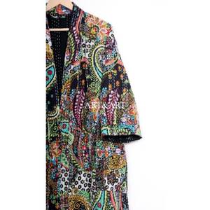 Handmade Elegant Summer Kantha Kimono Floral Print Japanese Bohemian Full-Length Coat Multi-Colored Tie Casual Beach Wear Winter - Product Image 4