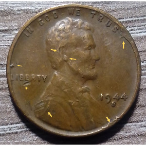 Pièce de monnaie Lincoln Wheat Penny de 1944, objet de collection culturel, avec erreurs distinctives sur la goutte et le rebord - Product Image 1