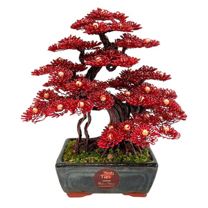Sculpture d'arbre bonsaï en pin fait main, art en fil d'aluminium, feuilles rouges, taille 20x20x18, pour Halloween, la Saint-Valentin, le Nouvel An - Product Image 2