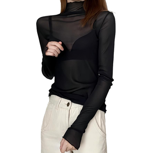 Camisetas de malla transparente para mujer, camiseta transparente de secado rápido de manga larga con cuello alto, camiseta impermeable ligera de malla transparente para mujer - Product Image 3
