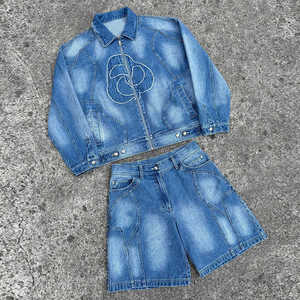 Manufacturers Custom Your <b>Shorts</b> <b>Men</b> Streetwear Distressed <b>Denim</b> Patch Trucker Jacket Two Piece <b>Denim</b> <b>Short</b> Sets - Product Image 5