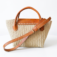 Tas Selempang Bohemian Wanita dari Bahan Rafia dengan Penutup Kulit, Tas Jinjing Portabel Musim Panas, Warna Beige Solid