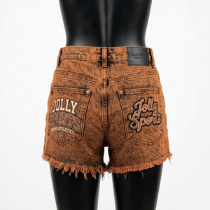 Shorts de mezclilla para hombre y mujer, color naranja quemado, lavado ácido, 380 GSM, algodón pesado, dobladillo sin rematar, logotipo personalizado serigrafiado - Product Image 2