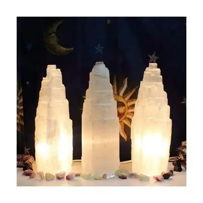 Manufacturing Healing Gemstone Lamps Wholesale Spiritual Hand Carved Selenite Natural Tower Lamp Crystal Fengshui For Decoration