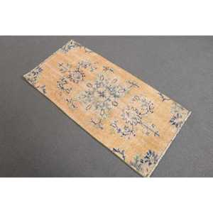 Vintage 1.8x3.8 ft Rug, Small Turkish Rug, <b>Yellow</b> Blue Ikat <b>Wool</b> Rug - Product Image 1