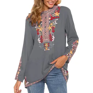 女式波西米亚刺绣上衣长袖农民休闲宽松束腰上衣秋季女式衬衫