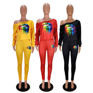 Women <b>Rainbow</b> Lips Print Tracksuit Full Sleeve V-Neck Crop Top & Leggings Set Casual Stretchy Activewear Spring Fashion - Product Image 2