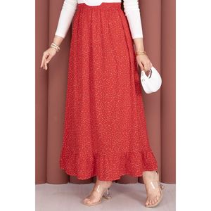 Red Polka Dot Ruffled Midi <b>Skirt</b> <b>Elastic</b> Waist Soft Breathable Chiffon and Cotton with Digital and Embroidered Techniques - Product Image 2