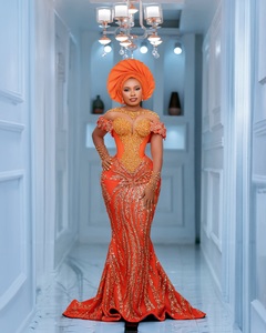 Tùy Chỉnh Màu Cam Đính Cườm Nàng Tiên Cá Buổi Tối Ăn Mặc Cho Phụ Nữ Tự Nhiên Vòng Eo Tầng Chiều Dài Truyền Thống Đảng Gown Bao Gồm Gele - Product Image 3