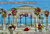 Magnifique mandap de mariage en cristal de forme ovale avec des piliers en cristal taillés en diamant, décoration de mandap de mariage luxueuse, installation de décoration américaine