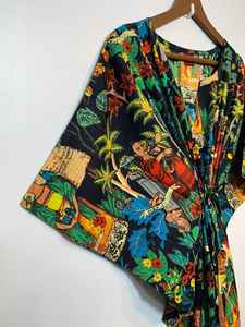 Vestido Kaftan de Algodón con Estampado Floral Hecho a Mano en India, Cintura Ajustable, Estilo Casual de Verano para Mujer - Product Image 3