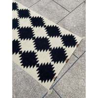 Black & Ivory Handwoven Wool Kilim Runner Custom Size Anti-Slip Woven Design