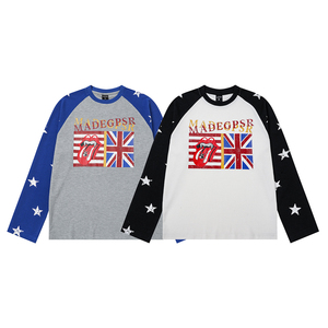 Unisex Long Sleeve <b>Raglan</b> T-Shirt With Stars And Flags Print Crew Neck Streetwear Regular Fit 100% Cotton Knitted Breathable - Product Image 2