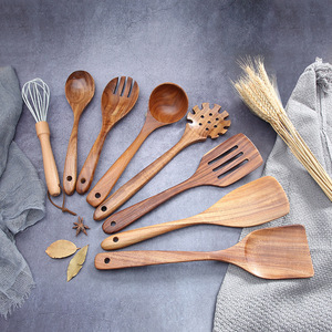 Hot selling best Traditional Design <b>Wooden</b> Kitchen <b>cooking</b> tools natural acacia wood <b>spoons</b> and salad fork utensils set 6 piece - Product Image 4
