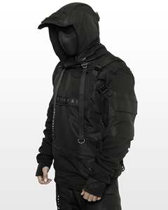 เสื้อแจ็คเก็ตผ้าแคนวาสแบบไม่มีปกสำหรับผู้ชาย สไตล์ Techwear สีดำ มีฮู้ด หลายกระเป๋า แบรนด์ Oem High Street - Product Image 2