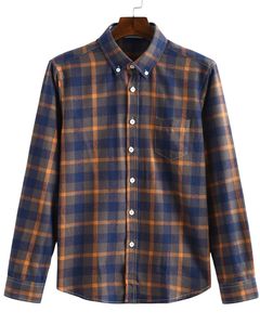 Manufacturer Custom <b>Mens</b> Navy <b>Brown</b> Check Flannel <b>Shirt</b> Button Down Long Sleeve Casual Plaid <b>Shirt</b> Chest Pocket Soft Warm Wear - Product Image 1
