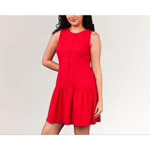 Robe Courte en Coton Rouge pour Femme, Respirante, Tailles XS-XL, avec Fermetures Éclair Décoratives, Col Rond, Idéale pour le Bureau, les Soirées, les Vacances et les Clubs - Product Image 1