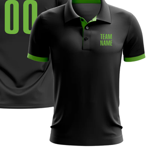 Polo personnalisé noir à sublimation avec des accents verts, personnalisé avec le nom de l'équipe et le numéro du joueur, élégant et confortable à porter - Product Image 3