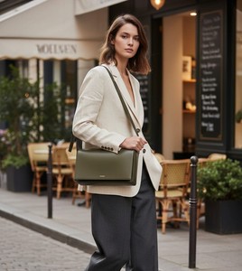 Olive Green Smooth Leather Vintage Lady Shoulder <b>Bag</b> Women Minimalist Flap <b>Crossbody</b> Purse Zip <b>Wide</b> Adjustable <b>Strap</b> Structured - Product Image 4