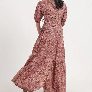 Coral Pink Floral Print Maxi <b>Dress</b> with V-Neck and 3/4 Puff Sleeves Tiered Design Dropped Waist Ball Gown for Casual Summer Use - Product Image 1