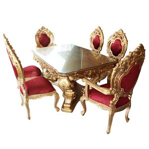 Juego de Comedor Clásico Francés de Lujo, Mesa de Madera Tallada Antigua, Sillas Tapizadas, Cubierta de Vidrio Rectangular, Muebles de 7 Piezas - Product Image 1