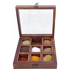 Boîte à épices en bois de Sesham de taille XL Pots de rangement Masala décoratifs uniques avec 6 boîtes détachables et cuillère pour mariage - Product Image 5