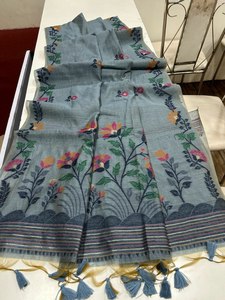 Magnifique sari en tissu de coton et soie Muga, couleur élégante, longueur 5,5 mètres, design fantaisie, avec pièce pour chemisier, pour femmes ou filles. - Product Image 6