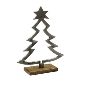 Dekorasi Natal logam dekoratif pohon Natal X Mas, ornamen atas meja dasar kayu untuk ruang tamu lorong