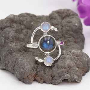 Labradorite Moonstone Sterling Silver Ring Handmade Gemstone Ring Birthstone Ring Gift for Women Christmas Jewelry - Product Image 4
