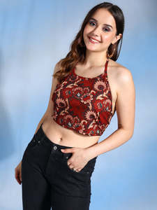 Chemise sans dos en coton à imprimé floral pour femmes, pour un usage décontracté, taille unique, couleur marron, col rond, confortable - Product Image 4