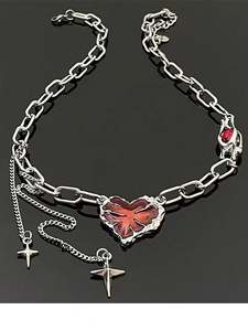 قلادة شرير على الطراز الاميركان بورجوندي من الفولاذ المقاوم للصدأ قلادة على شكل قلب شرابة رباعي الزركون نجمة مدببة للهدايا الداكنة - Product Image 5