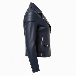 Blouson de moto en cuir bleu marine pour femmes, fabrication sur mesure, quantité en gros, cuir véritable, style motard, vêtements d'extérieur, OEM professionnel - Product Image 4