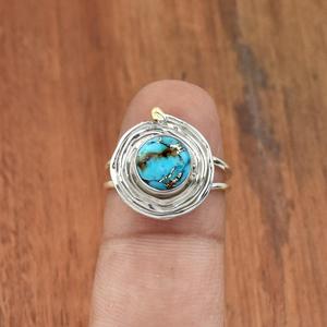 Bague en pierres précieuses Turquoise cuivre bleu 925 argent Sterling fil Wrap double bande déclaration bijoux cadeau - Product Image 3