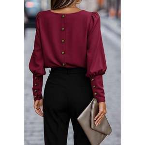 เสื้อเบลาส์ผ้าเครปนำเข้าคอกลมแขนยาวสำหรับผู้หญิง 29574 -สีเบอร์กันดี - Product Image 2