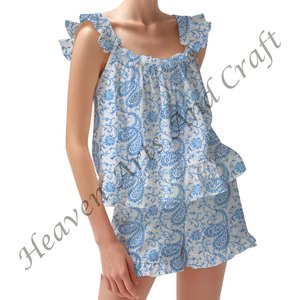 Conjunto de pijama corto con estampado de bloque de algodón 100% para mujer, conjunto de pijama de mangas ajustadas con volantes y tiras florales para Primavera/Verano - Product Image 6