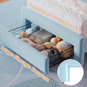 <span class=keywords><strong>Lit</strong></span> réglable à plateforme double Chic Tête de <span class=keywords><strong>lit</strong></span> LED Tiroir de rangement rembourré Velours Wavy Princess Lattes Bois massif Enfants/Filles - Product Image 3