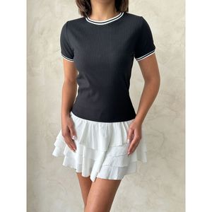 Camiseta Casual de Cuello Redondo Color Negro Crema para Adultos Topshow - Camiseta de Algodón y Poliéster con Tejido Gofre al por Mayor - Product Image 4