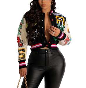 Women Cropped Varsity <b>Jacket</b> Patchwork Letterman Bomber Coat Fashion Y2K Streetwear <b>Casual</b> Button Down Long Sleeve Outerwear Top - Product Image 2