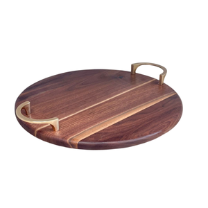 Plateau de service rond en teck artisanal avec poignées en laiton doré, design moderne, plateau de service en bois massif pour la cuisine et la salle à manger - Product Image 1