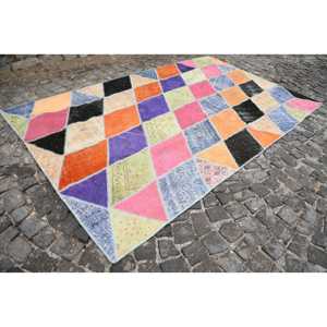 Tapis turc vintage 6,7x10,8 pi (203x328 cm), tapis oriental patchwork orange et bleu - Product Image 2