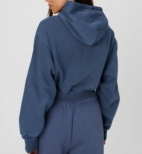 Sweat à capuche court lavé à l'acide pour femmes pantalons de survêtement à jambes larges survêtement confortable en coton éponge français pour cordon de serrage d'hiver - Product Image 2