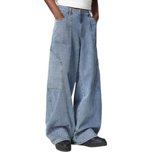 กางเกงขาตรงเอวสูงปานกลางของผู้ชายทรงหลวมดีไซน์มีกระเป๋าหลายใบแบบไม่สม่ำเสมอสีน้ำเงินอ่อนขนาดพลัสไซส์เทคนิคการถัก - Product Image 1