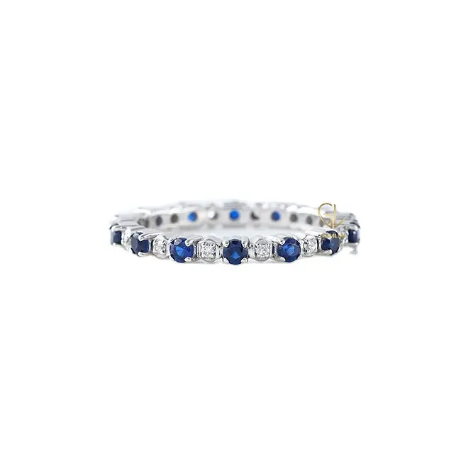 Completa Eternidade Alternativa Pedra Corte Redondo Diamante Azul Sapphire & Branco Real Diamante 14K Ouro Banda de Casamento Anel Para As Mulheres