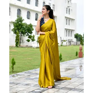 Sari de Seda Satinada Verde Solitario, Ligero, para Fiestas de Verano, Talla Única para Mujer, Corte Holgado, Estilo Elegante - Product Image 6