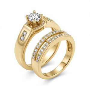 Ensemble de bague de fiançailles en or véritable 10 carats plaqué rhodium avec diamant solitaire et bande pavée à grains fins, bijoux fins pour mariage et fête - Product Image 3