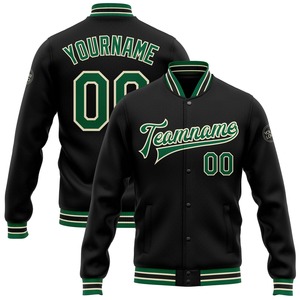 Veste bomber universitaire à lettres, à fermeture éclair intégrale, en tissu décontracté d'hiver, noir et vert Kelly, vente en gros directe de l'industrie - Product Image 1