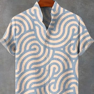 Polo informal fresco y cómodo de verano para hombre 2025, camisa de manga corta con patrón Irregular, camisa de moda con botones de lino estampados - Product Image 2