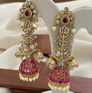 Boucles d'oreilles de qualité supérieure plaquées or, style traditionnel, ornées de pierres, pour mariage, festival, collection pour femmes et filles - Product Image 2